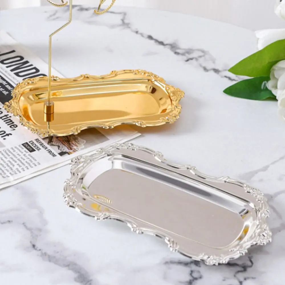 European Style Vintage Embossed Tray Gold/Silver Embossed Design Desserts Plate Iron Sturdy Jewelry Storage Organizer