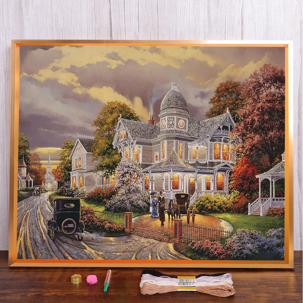 

Landacape Villa By Road Cross Stitch DIY Embroidery Complete Kit Knitting Craft Painting Handiwork Room Decor Promotions Gift