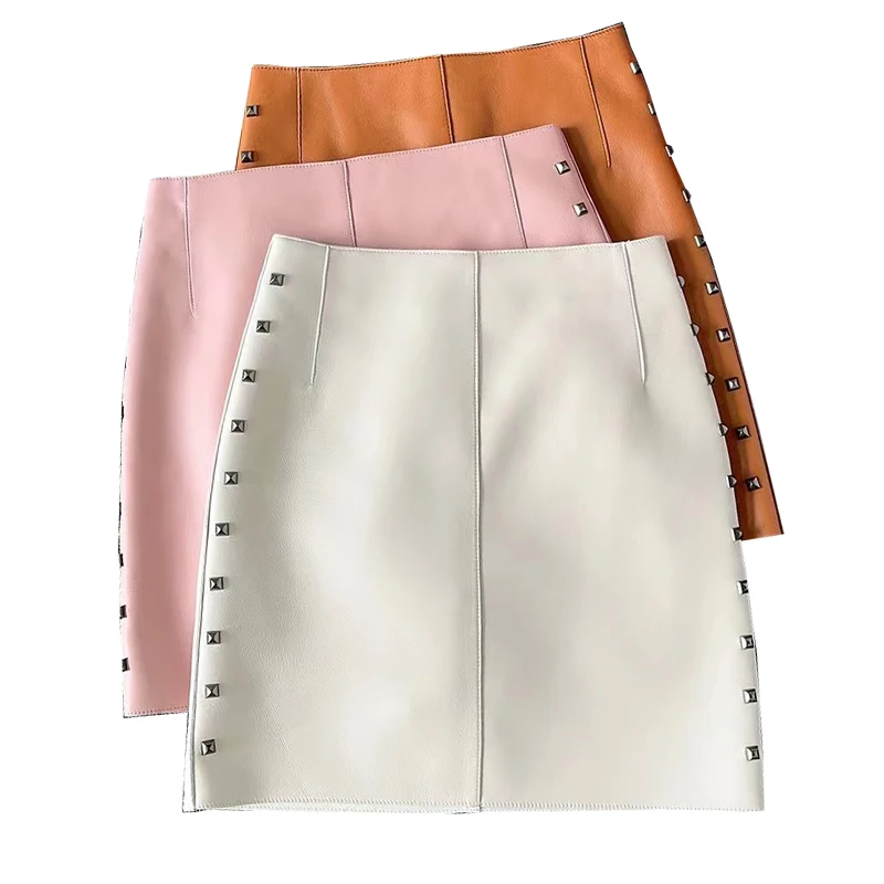 Women Chic Leather Skirts Femele Genuine SheepSkin White Side Rivets Decoration Mini Jupe Femme Sexy Booty Saias Ropa Mujder