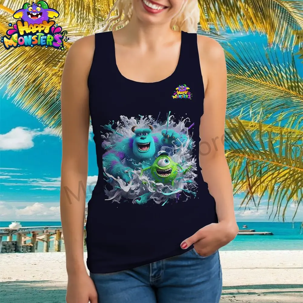 Disney Monsters Inc. Damska kamizelka T-Shirt Kawaii Topy bez rękawów Odzież uliczna Odzież damska S-3XL Moda Lato 2024 U Neck Y2k