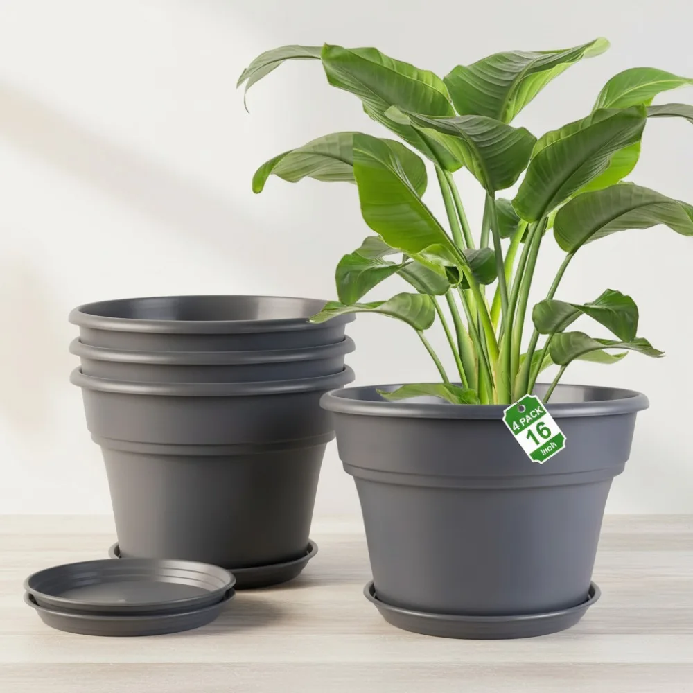 

16 Inch Large Plant Pots 4 Pack with Drainage Holes & Trays, Plastic Flower Planters for Indoor Outdoor Garden Decor