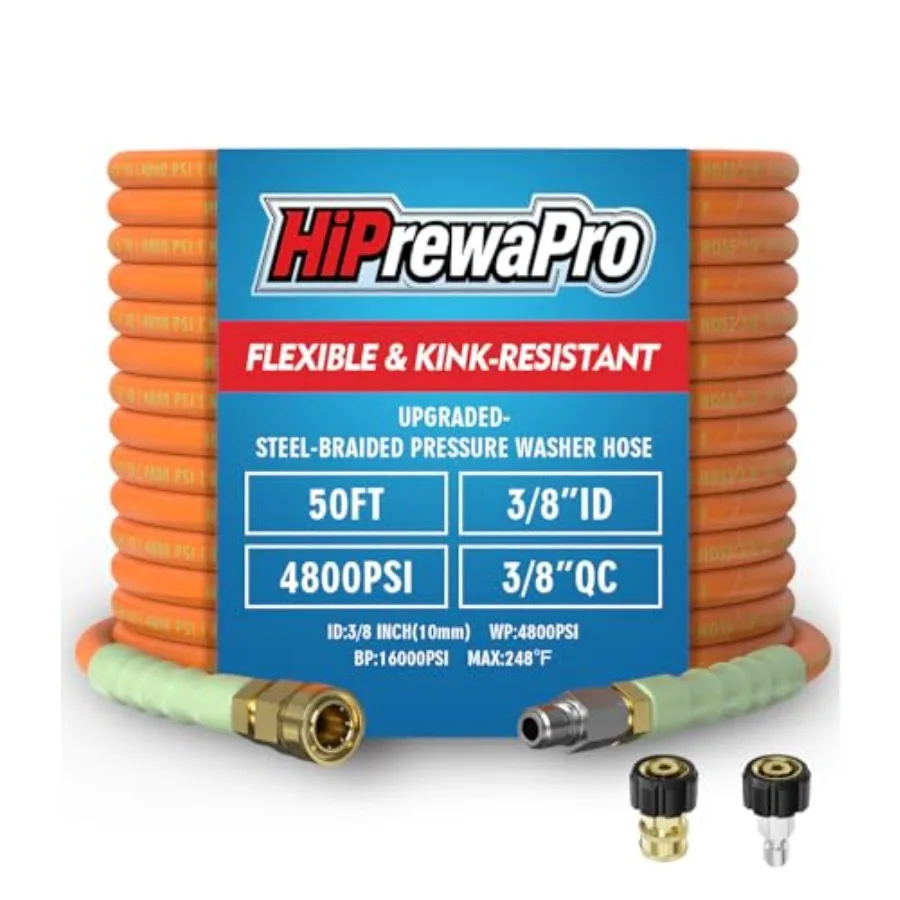 

Шланг для мойки высокого давления 3/8 дюйма, 50 футов, 4800 PSI, стальной армированный, прочный, гибкий и устойчивый к перегибам, с поворотным соединением