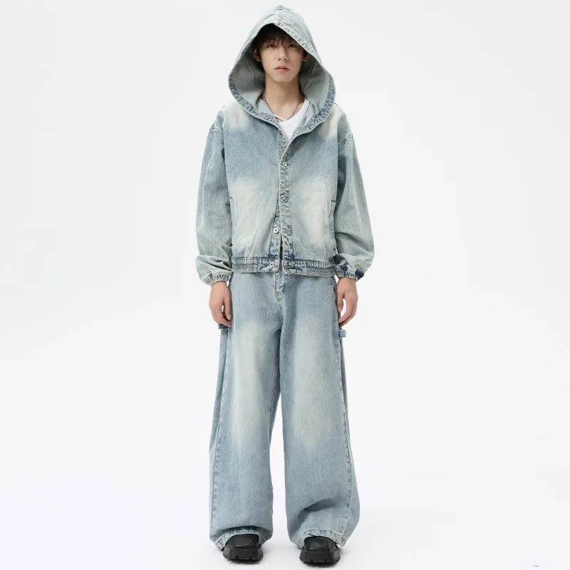 

SYUHGFA New Men's Wear Two-piece Sets Hooded Niche Design Denim Hoodie Suit Jacket Washed Wide Leg Pants Set 2024 Autumn