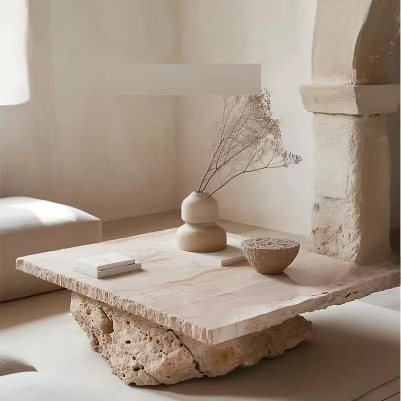 

Кофейный столик из натурального травертина Wabi Sand Wind, квадратный, простой, в стиле ретро, с эффектом дробленого камня