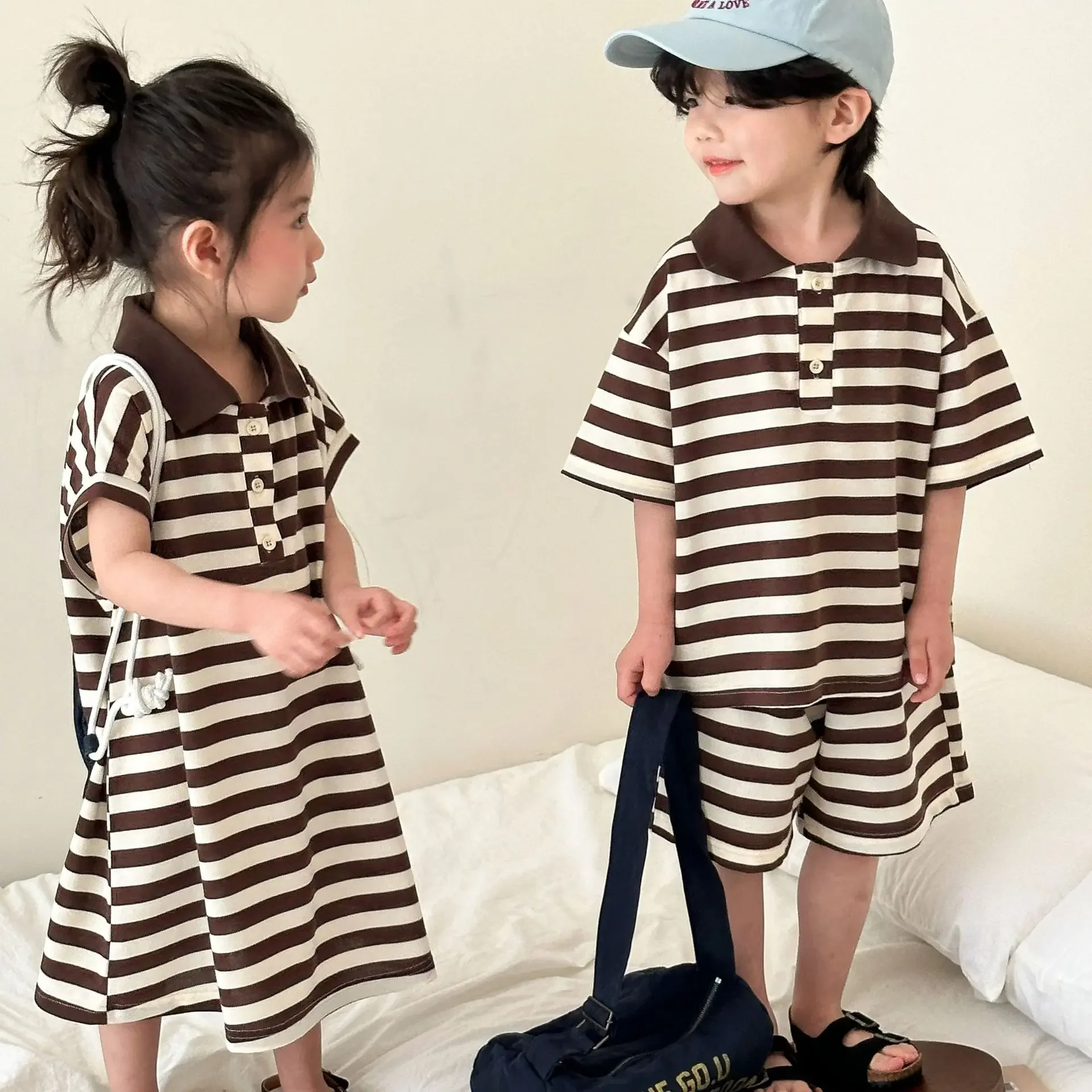 Children Clothing Kids Summer Suit Boys Sport Style 2024 New Fashionable Striped Set Girls Dress Brother and Sister Clothes