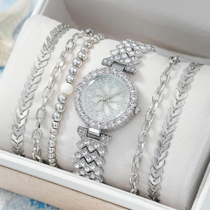 6Pc/Set 1Pc Rhinestone Decor Quartz Watch & 5Pcs Bracelet Fancy Women Watches Jewelry Sophisticated And Stylish Women Watch