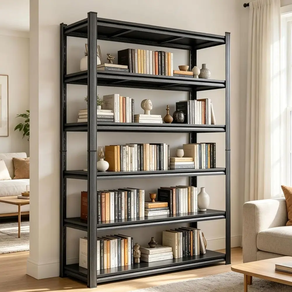 

6-Tier Heavy-Duty Metal Bookshelf, 1800LBS Capacity, Sleek Black, Adjustable Shelves for Home, Office, 40W x 16D x 78H