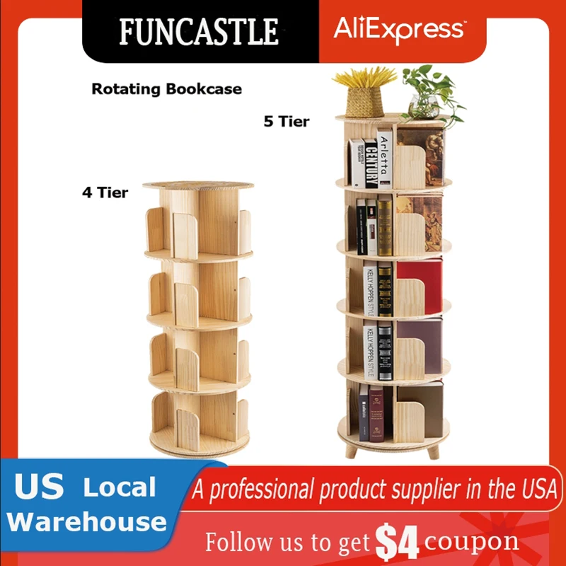 

5/4 Tier Rotating Bookshelf Wooden Floor Standing Bookcase Modern 360° Revolving Storage Display Rack Corner Book Organizer