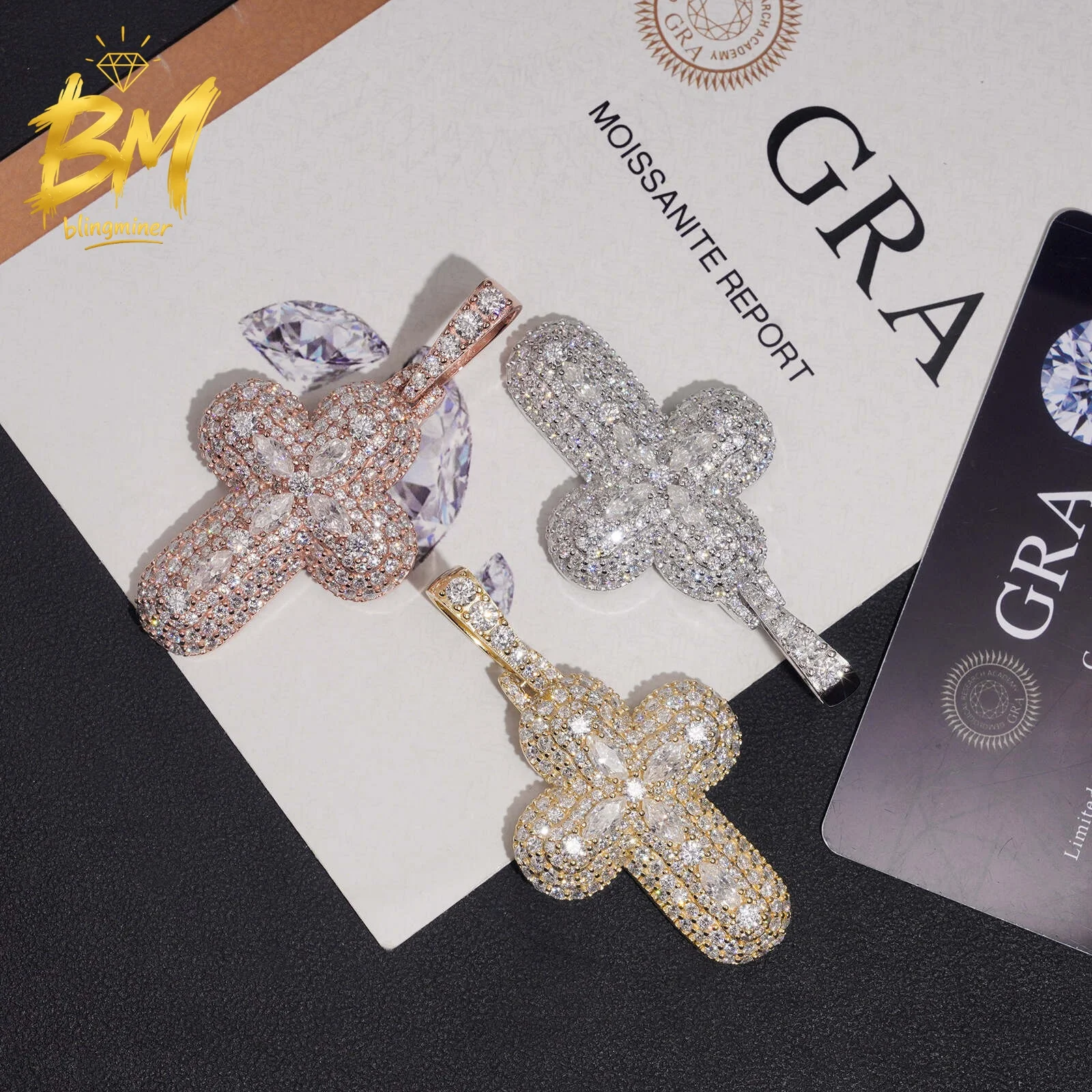 Blingminer Vintage Cross VVS Moissanite Pendant For Men Women S925 Silver Pendants Jewelry Pass Diamonds Tester GRA Free Shippin
