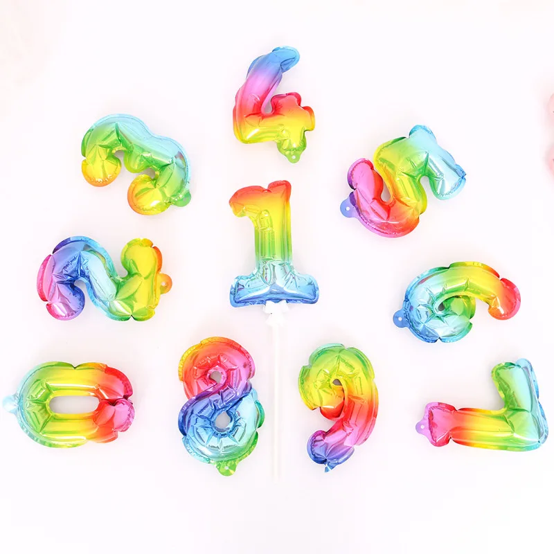Five Inch Number 0-9 Rainbow Cake Toppers Foil Balloons Party Balloon Mini Cupcake Topper for Wedding Birthday Party Decorations