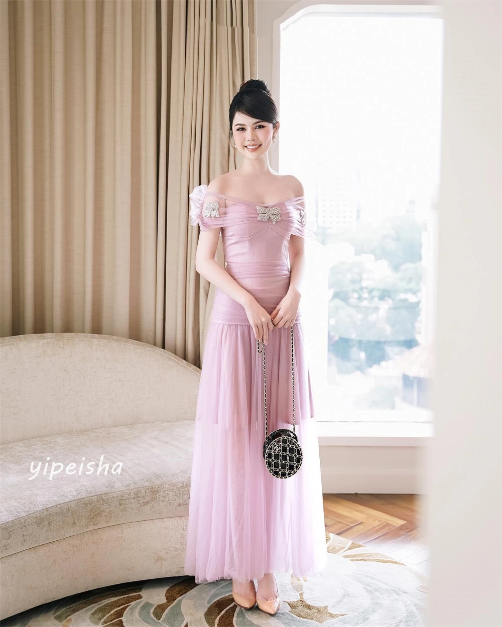 Tulle Beading Sequined Ruched Valentine's Day A-line Off-the-shoulder Bespoke Occasion Gown Midi Dresses