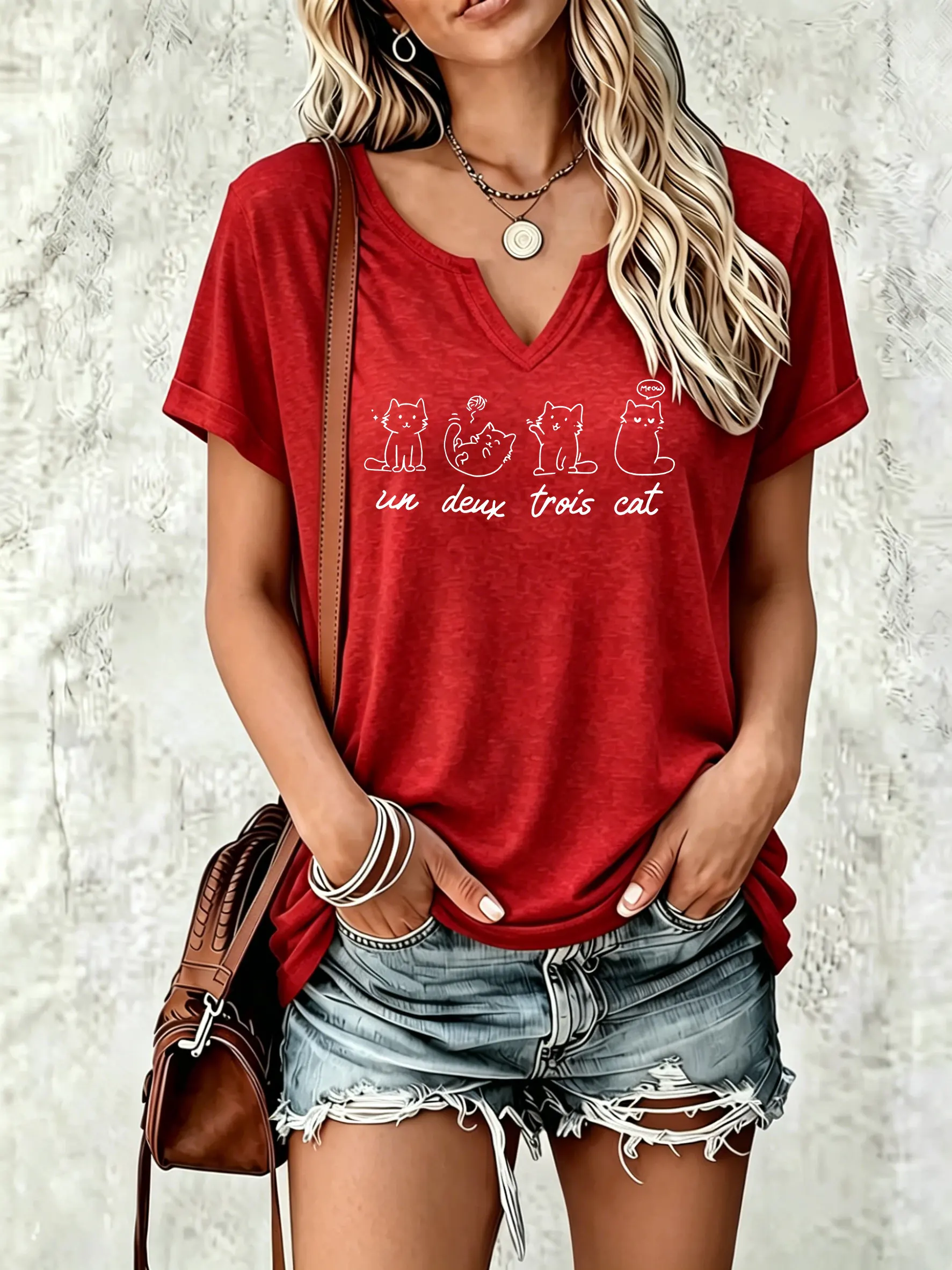 Damen-Sommer-T-Shirt mit V-Ausschnitt und kurzen Ärmeln, Un Deux Trois Cat Line Art Kitten Letter Graphic Print, lässiges, tägliches Damen-T-Shirt – Detail 7