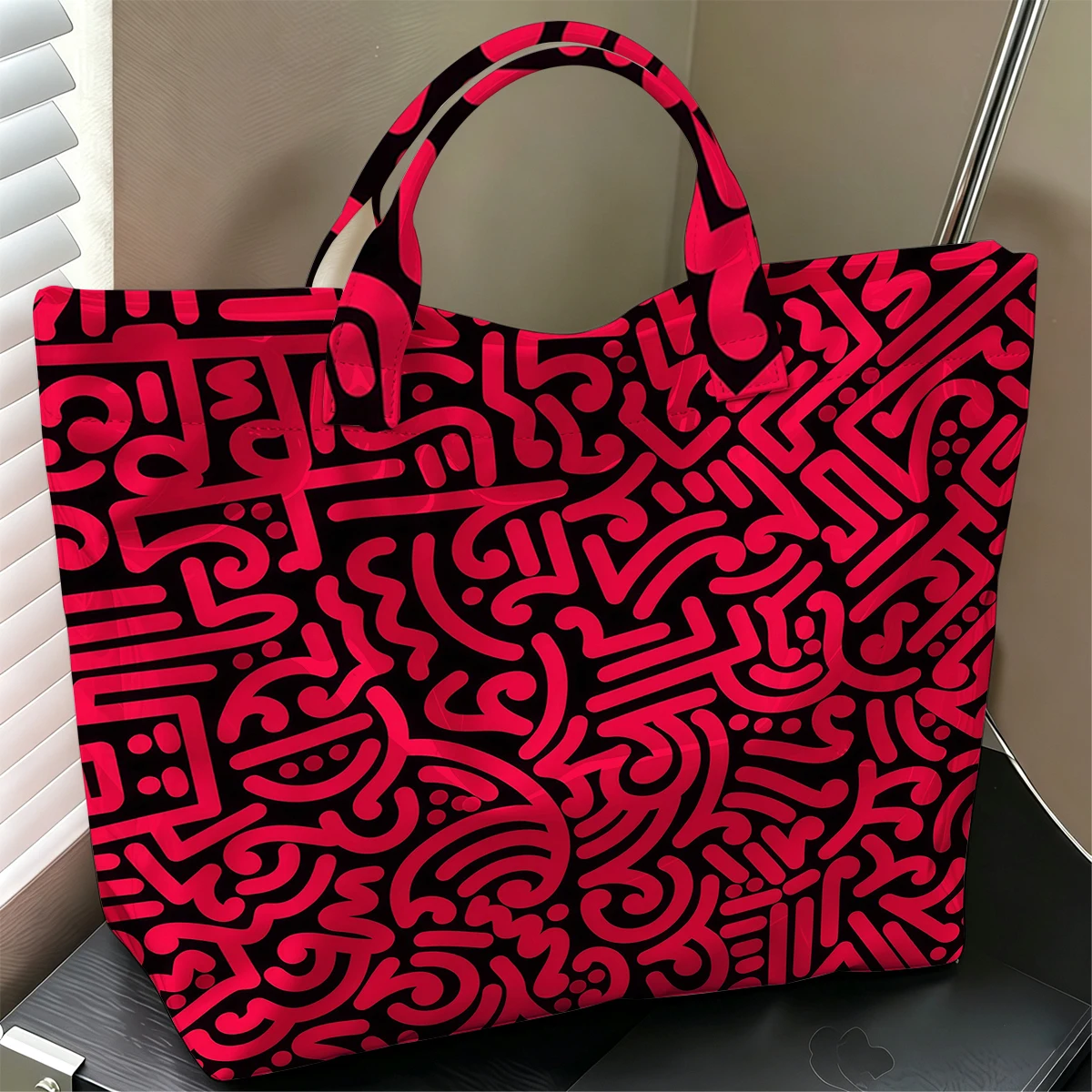 Black & Pink Geometric Cute Large Glossy PVC Tote Bag Hand Washable Lightweight Soft Great for Commute Makeup Storage Handbags