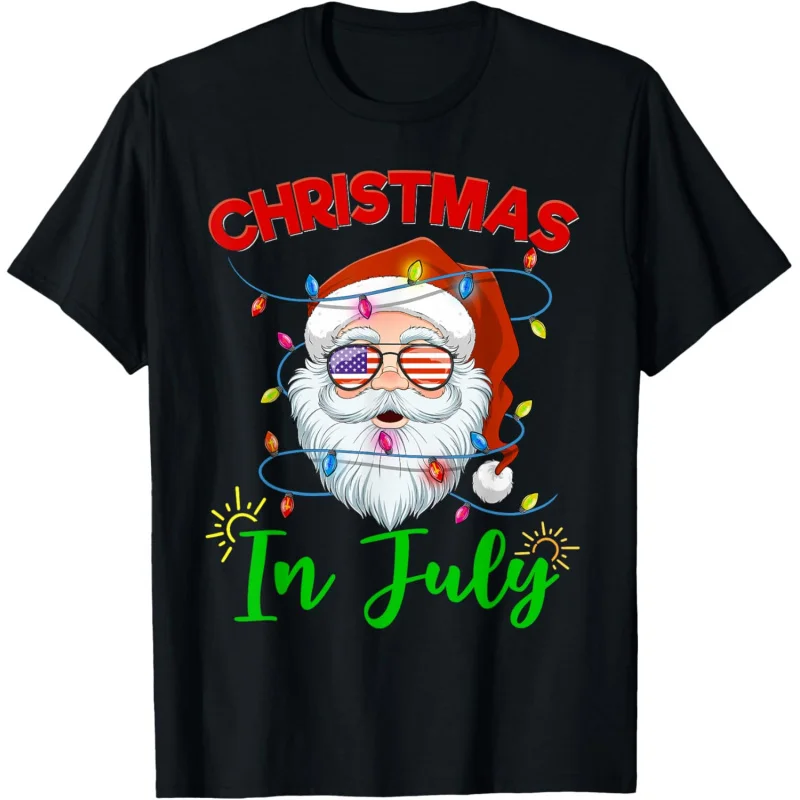 

Christmas In July Santa Hat Sunglasses USA Flag Summer T-Shirt