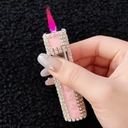 Metal Mini Inflatable Lighter Windproof Spray Pink Flame Portable Lighter Cigarette Accessories for Men and Women Small Tools