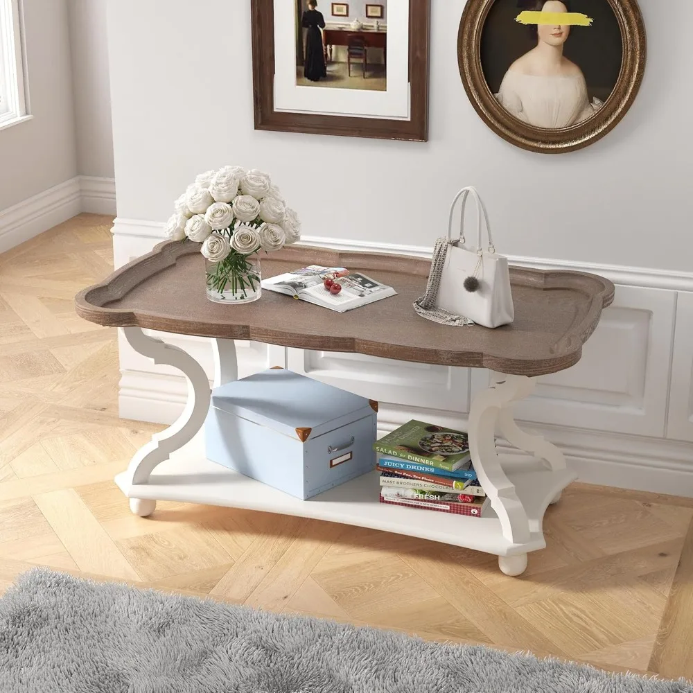 Mesa de centro funcional para el hogar, mesa de cóctel moderna con estantes de almacenamiento, mesa de sofá con bandeja natural superior, patas esculpidas