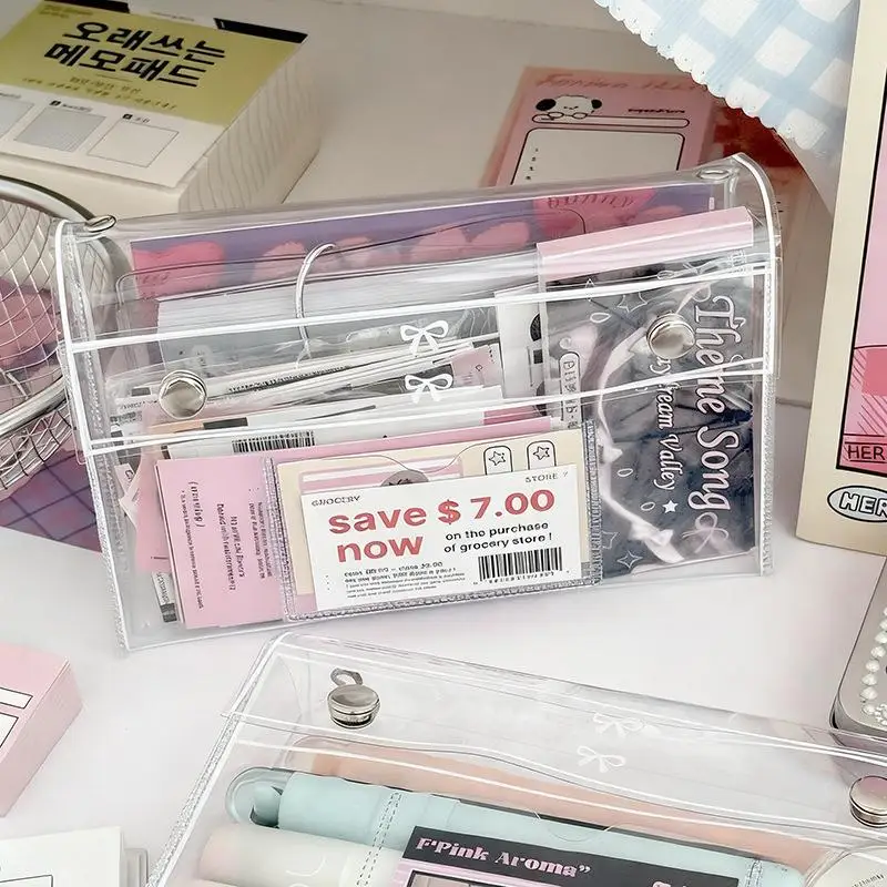 PVC Transparent Button Pencil Case Large Capacity Vertical Simple Ins Style Student Desktop Finishing Niche Stationery Storage