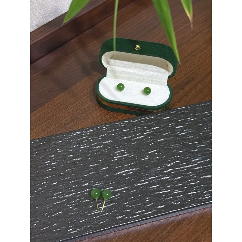 Hetian Jade Green Gourd Earrings, Inlaid 18K Gold, Of Inclusions, Cracks, And Black Spots, With A Bold Design