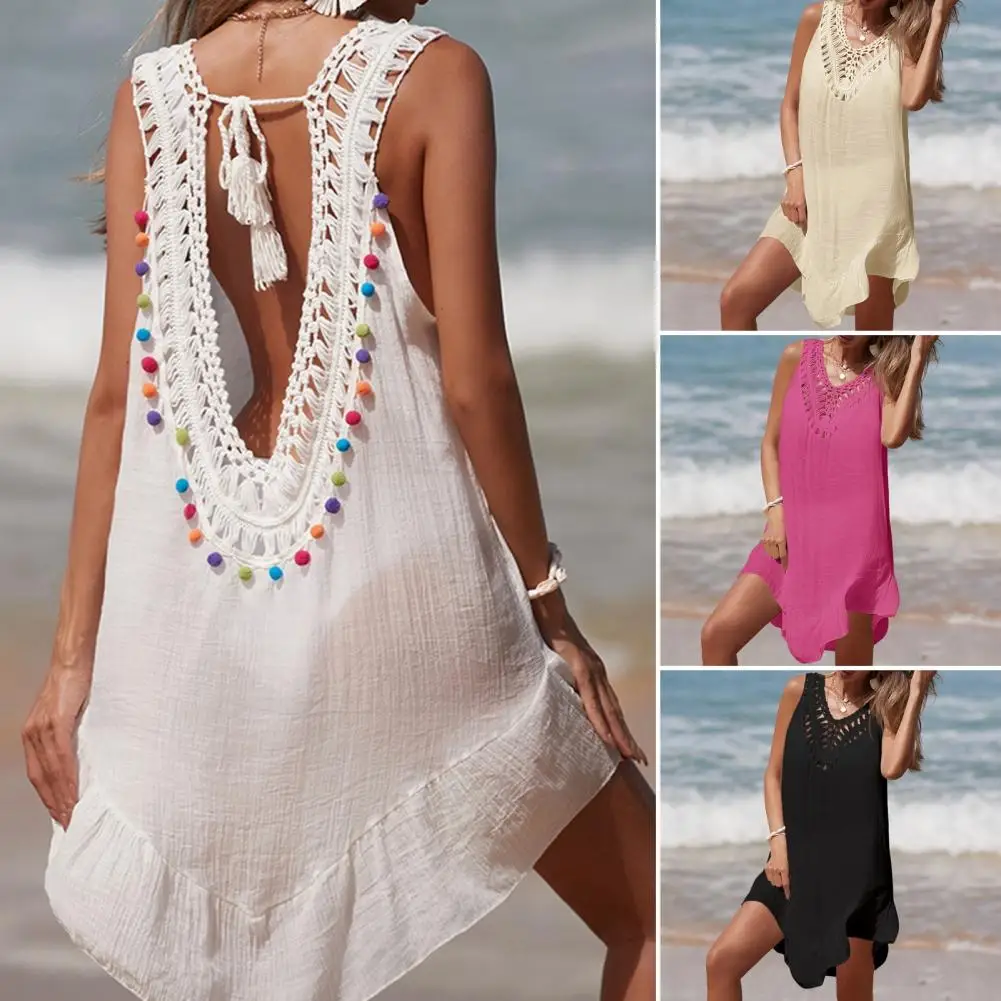 Sexy Backless Coverup Loose Fit Dress Stylish Lace-up Crochet Beach Dress for Women V Neck Hollow Out Swimsuit Coverup with Sun