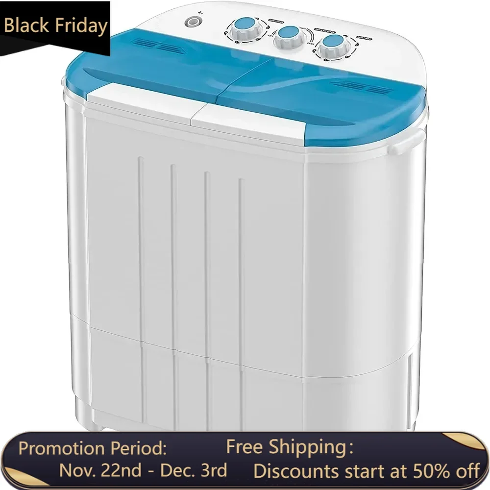 Portable Washing Machine, 14lbs Mini Twin Tub Laundry Machine, Built-in Gravity Drain, Semi-automatic Washer for Dorms, RVs