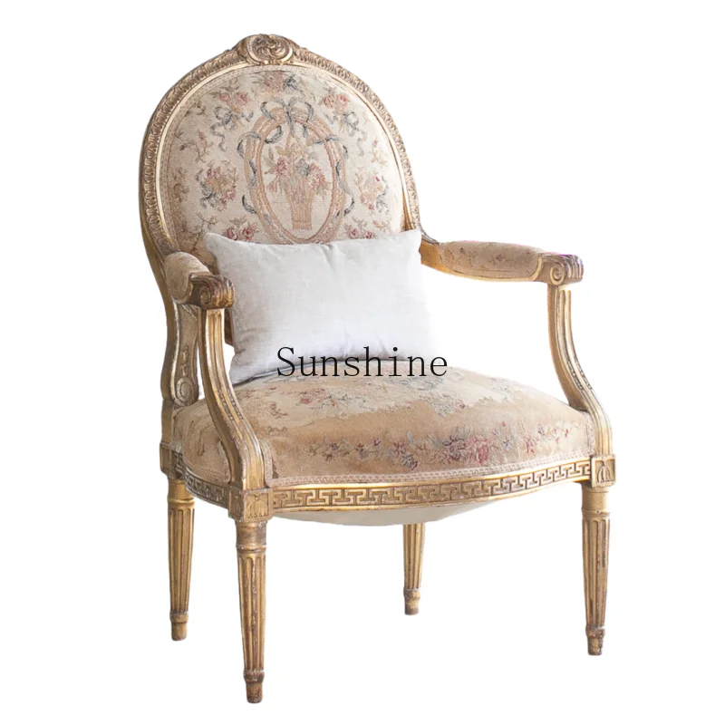 

European court antique solid wood carving flower single sofa gold old leisure chair