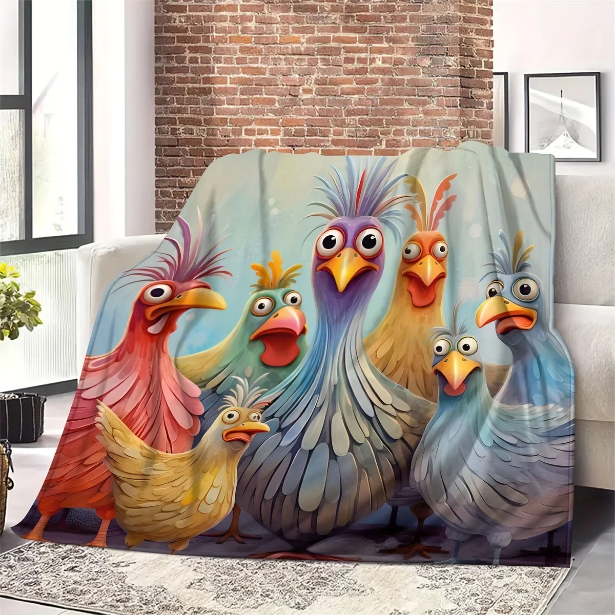 One Oil Painting Chicken Digital Print Flannel Shawl Blanket - Four Seasons Universal, Suitable for Sofa,, Office and Camping Gi