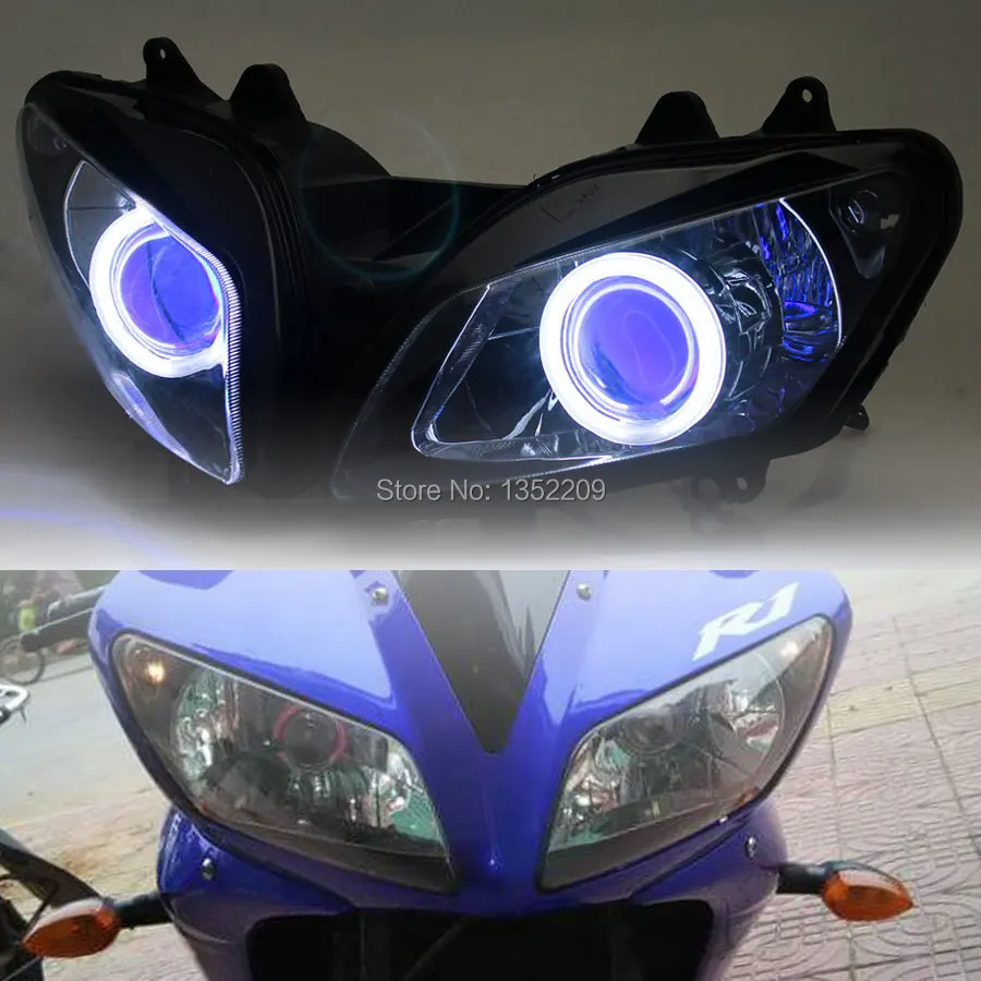 Motorcycle Projector Headlight Assembly Custom HID Blue Angel Eyes Headlamp High/Low Head Light For Yamaha R1 YZF-R1 2002-2003