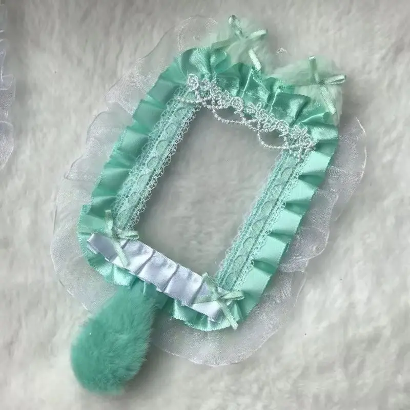Cute Bunny Ear Photo Card Holder DIY Mint Candy Lace Bow Badge Base Kawaii Lolita Portable Itabag Inner Decor Photocard Case view 4