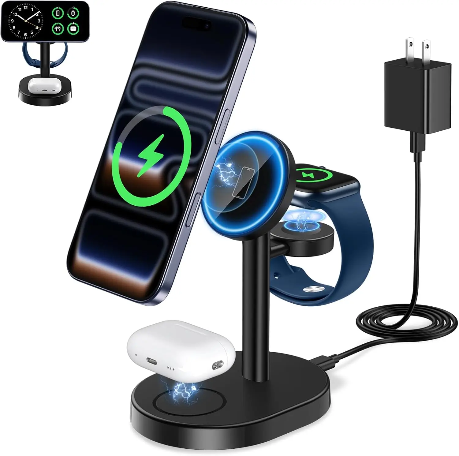 

3 in 1 Wireless Charging Station for Apple MagSafe, 15W Fast Charger Stand for iPhone 17 16 15 14 13 12 17e Apple Watch AirPods