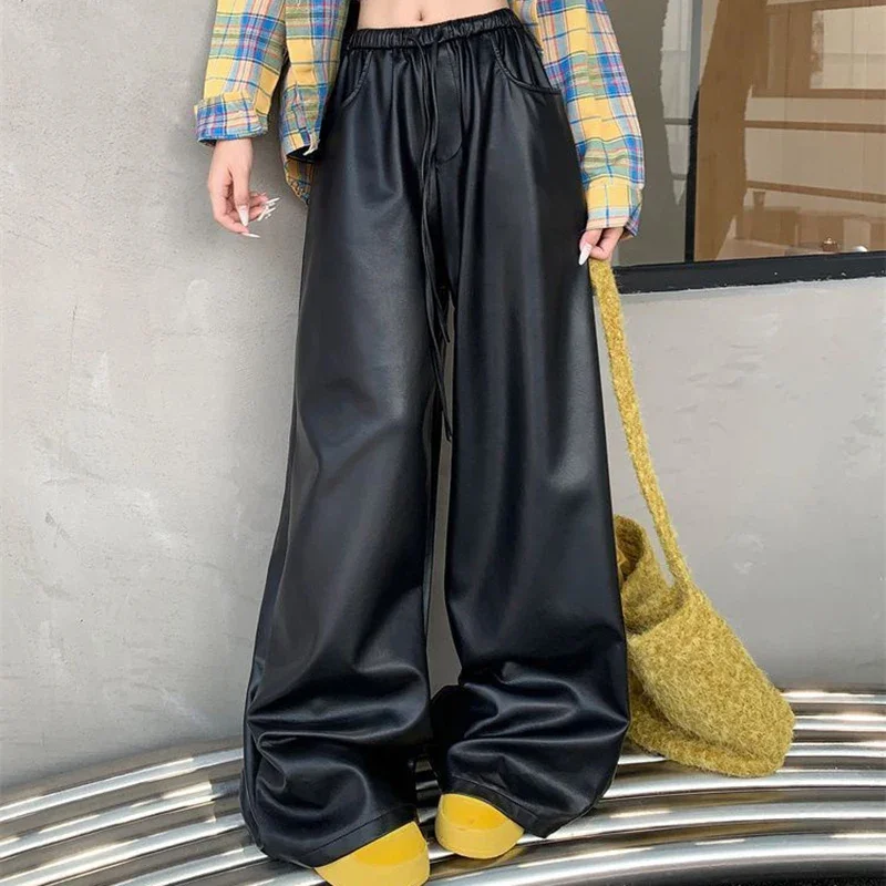 black PU leather casual pants women's autumn and winter high waist slimming straight leg  loose wide leg floor pants
