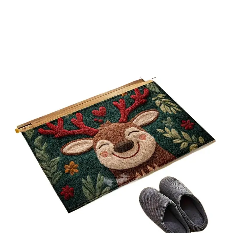 1pc Christmas Deer Microfiber Bath Mat - Quick-Dry & Absorbent, Festive Holiday Design With Red Berries & Green Leaves Fluffy