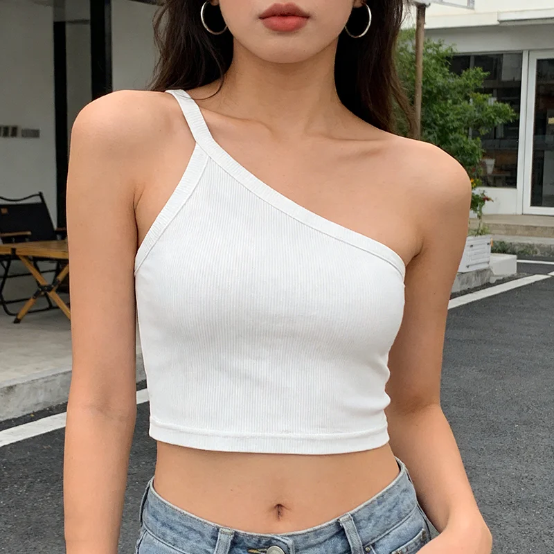 Spring Pure Color Casual Single Strap Vest Sexy Short Style Navel Exposure Versatile Sloping Shoulder Design for Women