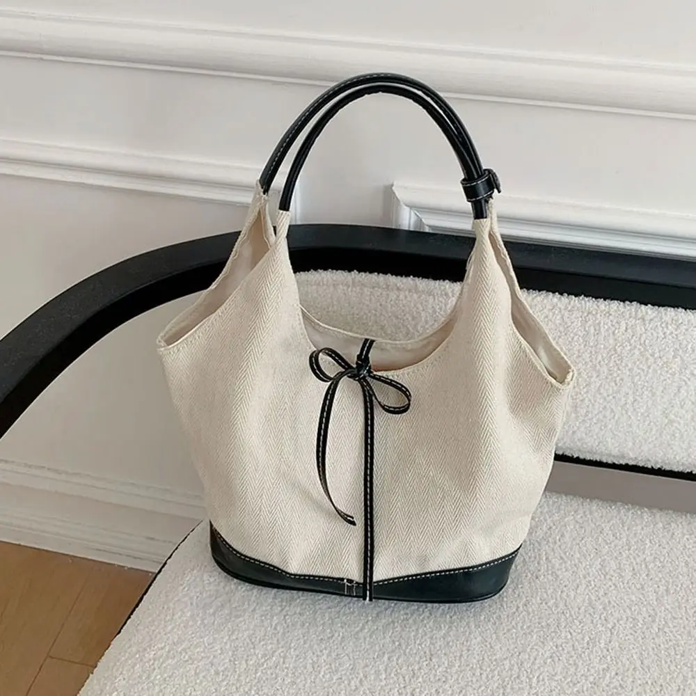 Bolso de mano de lona de estilo coreano informal, bolso de hombro de tela de cuero Pu con lazo, Color puro, gran capacidad, viaje