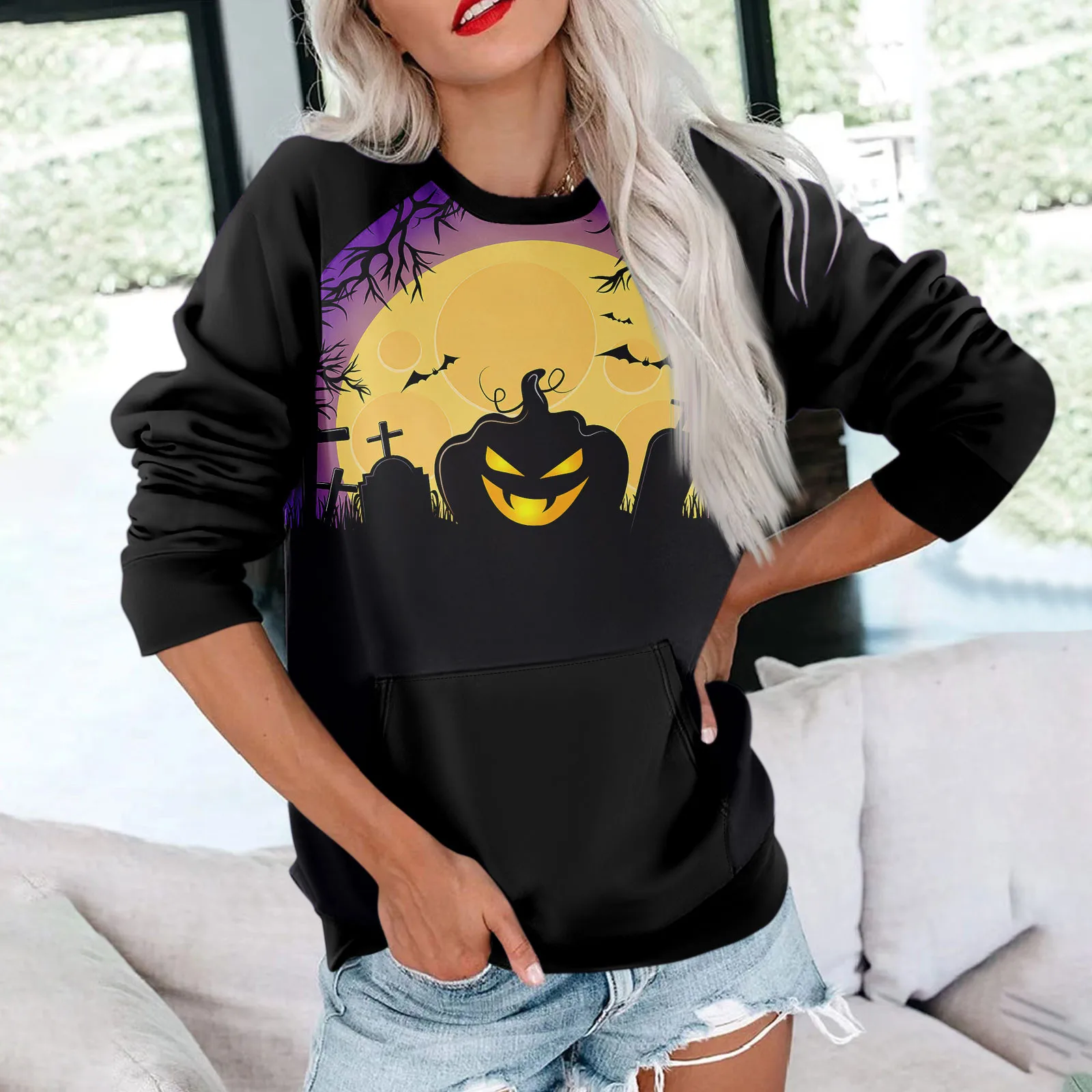 

Womens Long Sleeve Sweatshirt Casual Crewneck Cute Pullover Tops Halloween Printing Lightweight Sweatshirt With Pocket