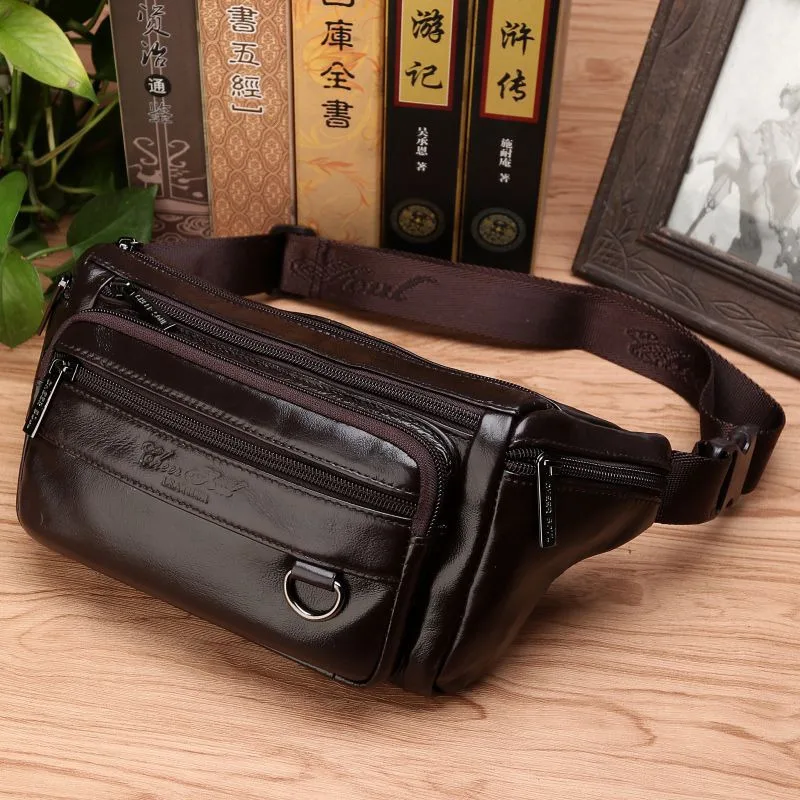 

Men Waist Fanny Bags Sling Chest Pack Genuine Leather Casual Fashion Retro Cross body Male Real Cowhide Loop Hip Belt Bum Bag
