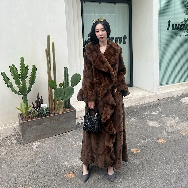 2024 Winter Women Real Rex Rabbit Fur Coats Natural Whole Skin Rex Rabbit Fur Long Jackets Overcoat Luxury Winter