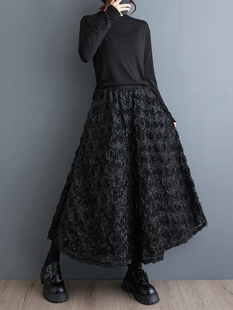 NYFS 2025 ربيع الخريف جديد امرأة التنانير الإناث عالية الخصر فضفاضة حجم كبير الصلبة ارتفع مقياس السمك نمط تنورة طويلة