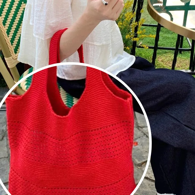 حقيبة تسوق الكورية موضة بسيطة الحياكة حقيبة كتف سعة كبيرة جوفاء حقيبة تسوق منسوجة الصيف السفر حقائب الشاطئ الهدايا #6