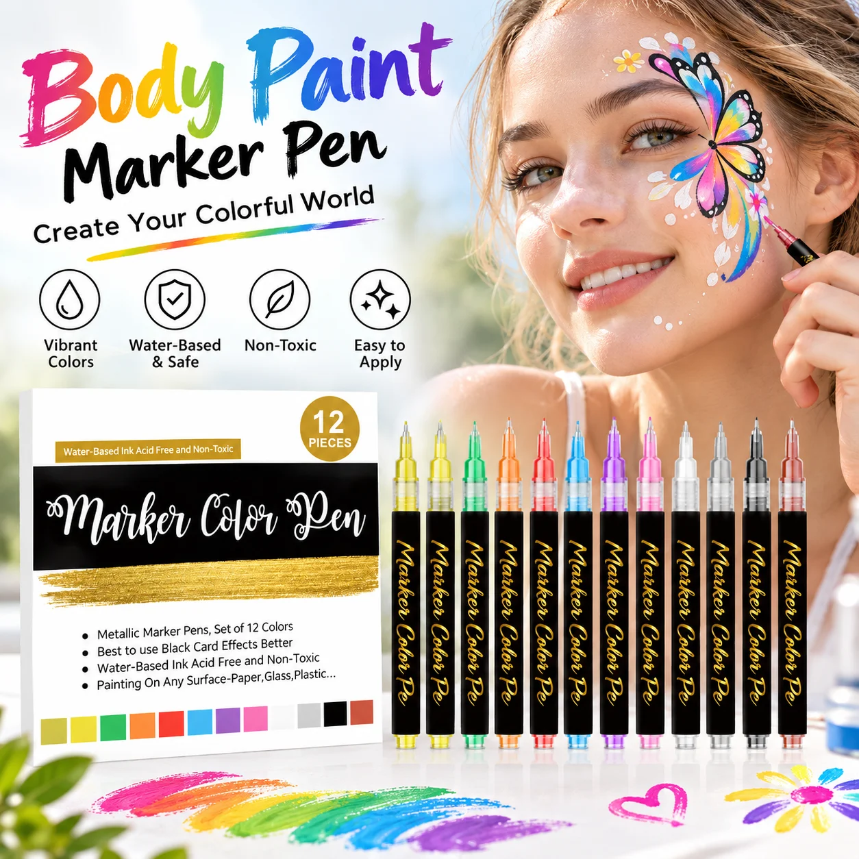 12-Color Face Body Painting Pen Set,Temporary Tattoo Markers,Washable Body Makeup for Teen Adults Masquerade Cosplay Party Use