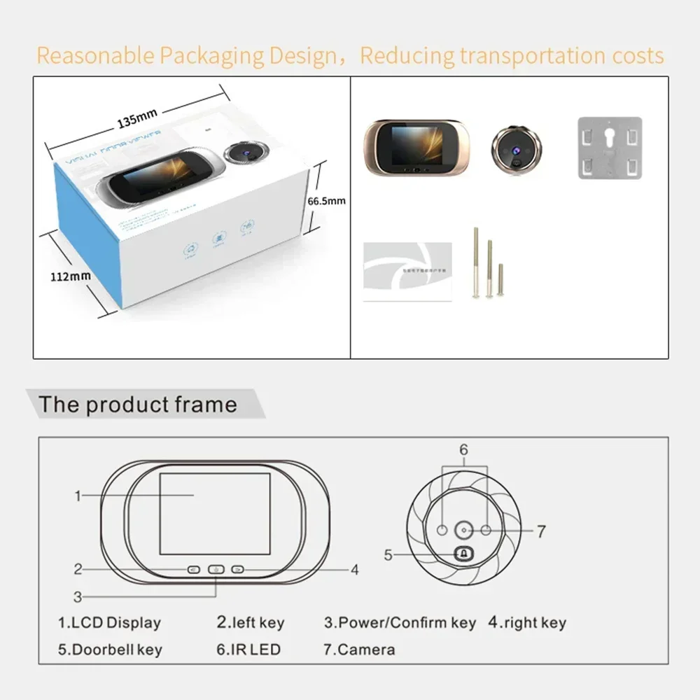 디지털 LCD 문짝 눈 감시 카메라 모니터, 90 도 초인종 모션 감지 눈 2.8 인치 비디오 초인종 구멍 카메라