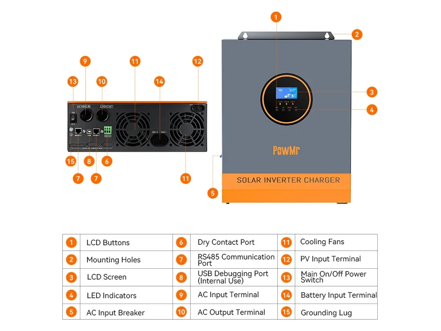 PowMr High Efficiency 5KW 48V Off Grid Solar Inverter 120Vac 80A Hybrid Solar Inverter With MPPT Solar Charge Controller