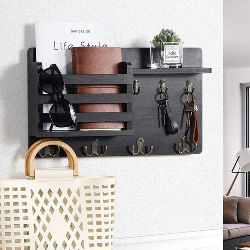 Mail Sorting Shelf with Keys Hangers Wall Mounted Wood Holder Tray Vintage Home Decor Hallway Storage Clothes Towel Bag Umbrella