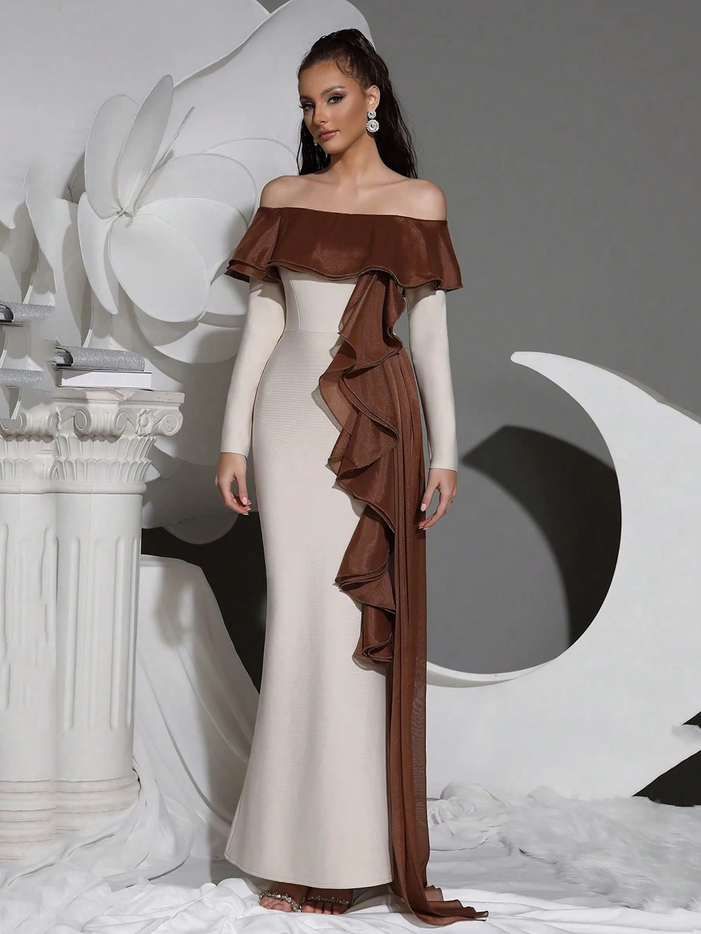 Modphy Sexy off shoulder ruffle tight bandage long dress women's Slash collar long sleeved elegant dress wedding dinner Gowns