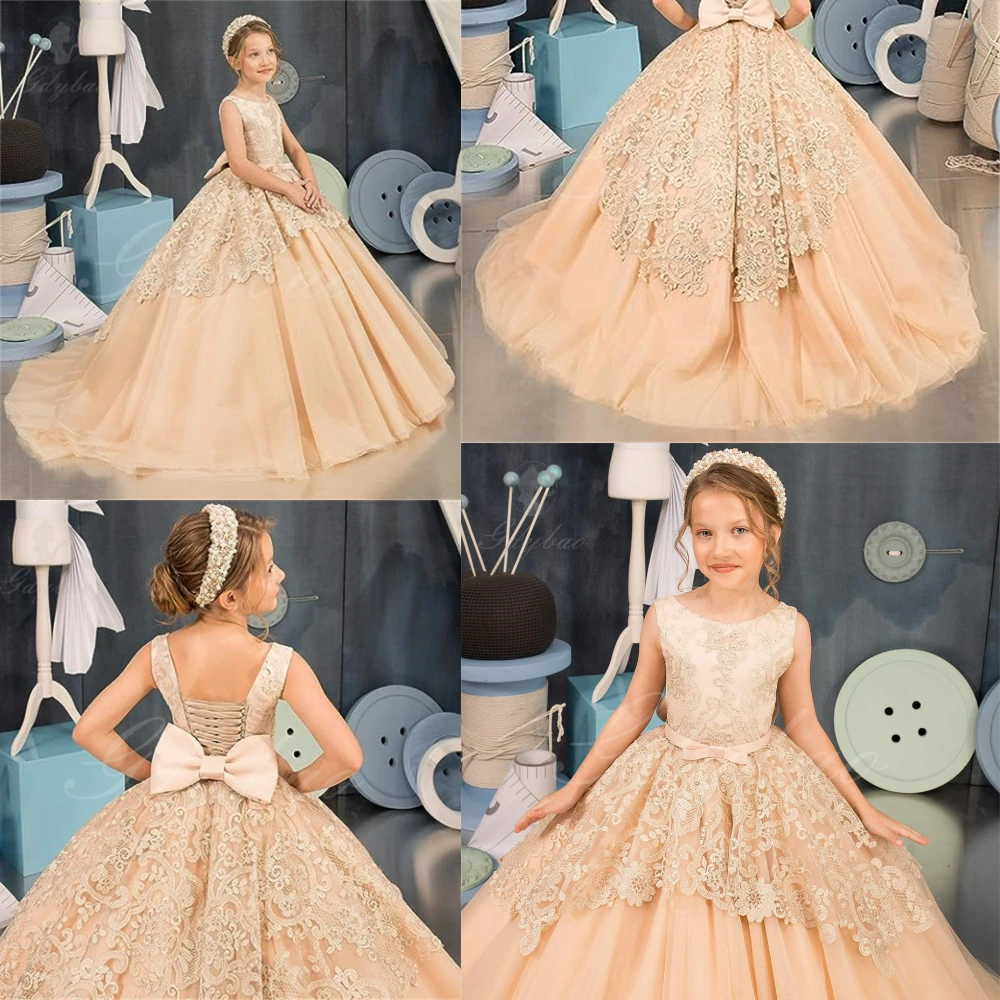 

Champagne Puffy Printing Layers Flower Girl Dress Cute Princess Girls Wedding Party Dress Child Kids Birthday Evening Dresses