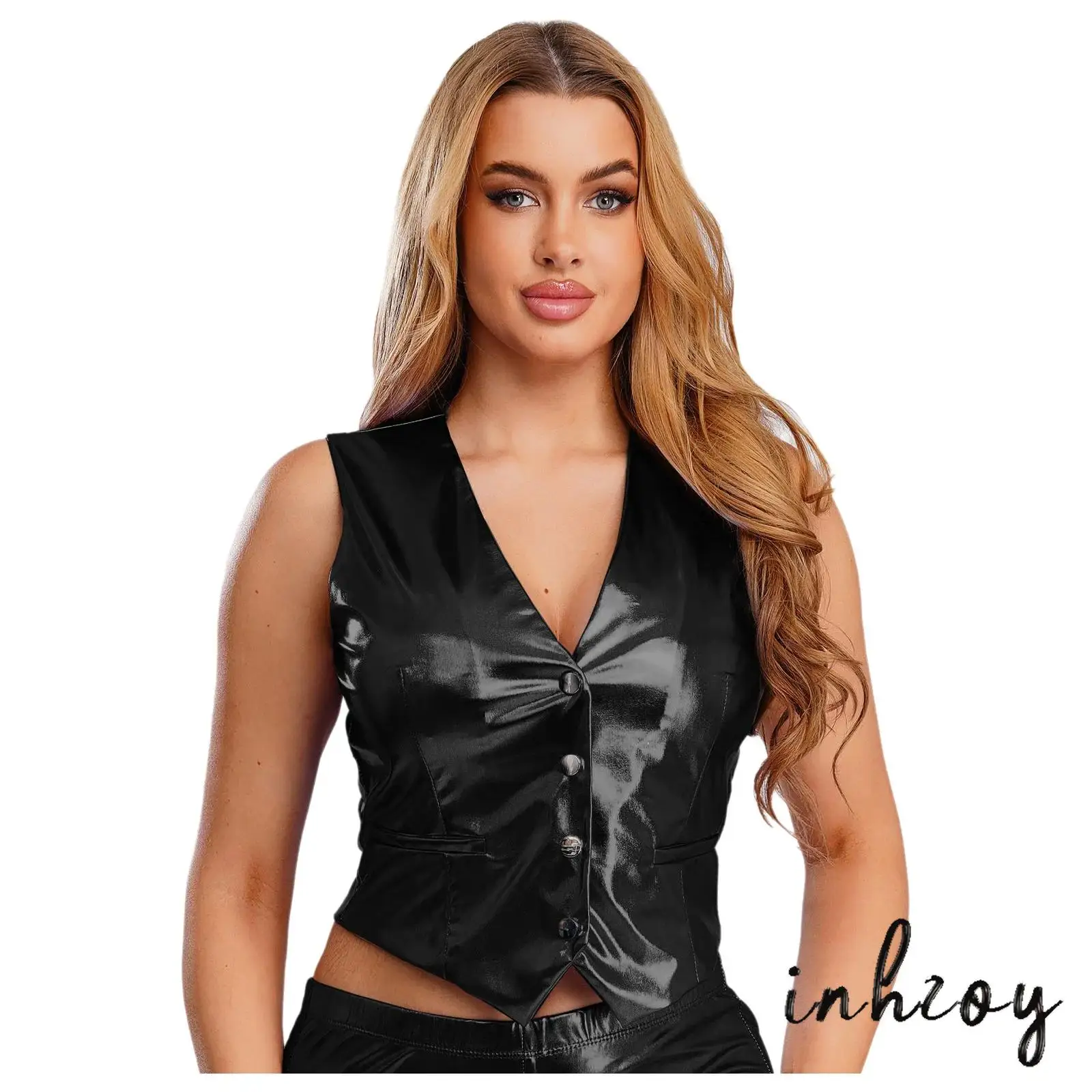 

Женский джазовый жилет для дискотеки, майка с v-образным вырезом спереди, нажимной пуговицы, заостренный подол, жилет на подкладке для ночного рок-клуба, музыки