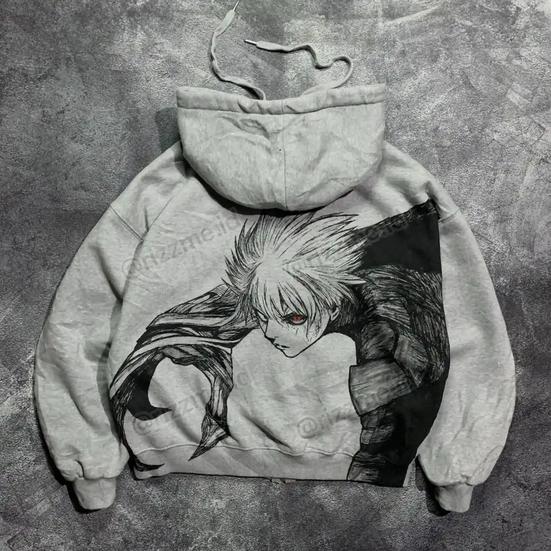 Grey Y2k Anime Hoodie Pullover Streetwear Top Harajuku Oversized Cotton Lining Sweatshirt Zipper Hoodies Women Unisex Clothes