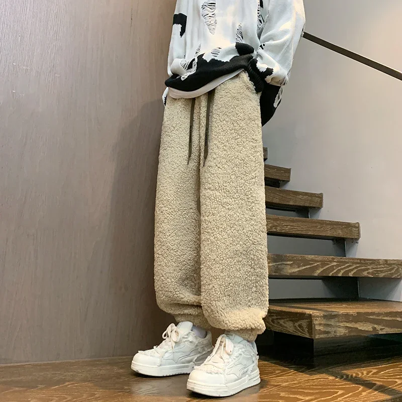 Winter Thickened Pants Men Warm Fashion Retro Lamb Wool Pants Men Oversized Streetwear Loose Straight Pants Mens Thick Trousers