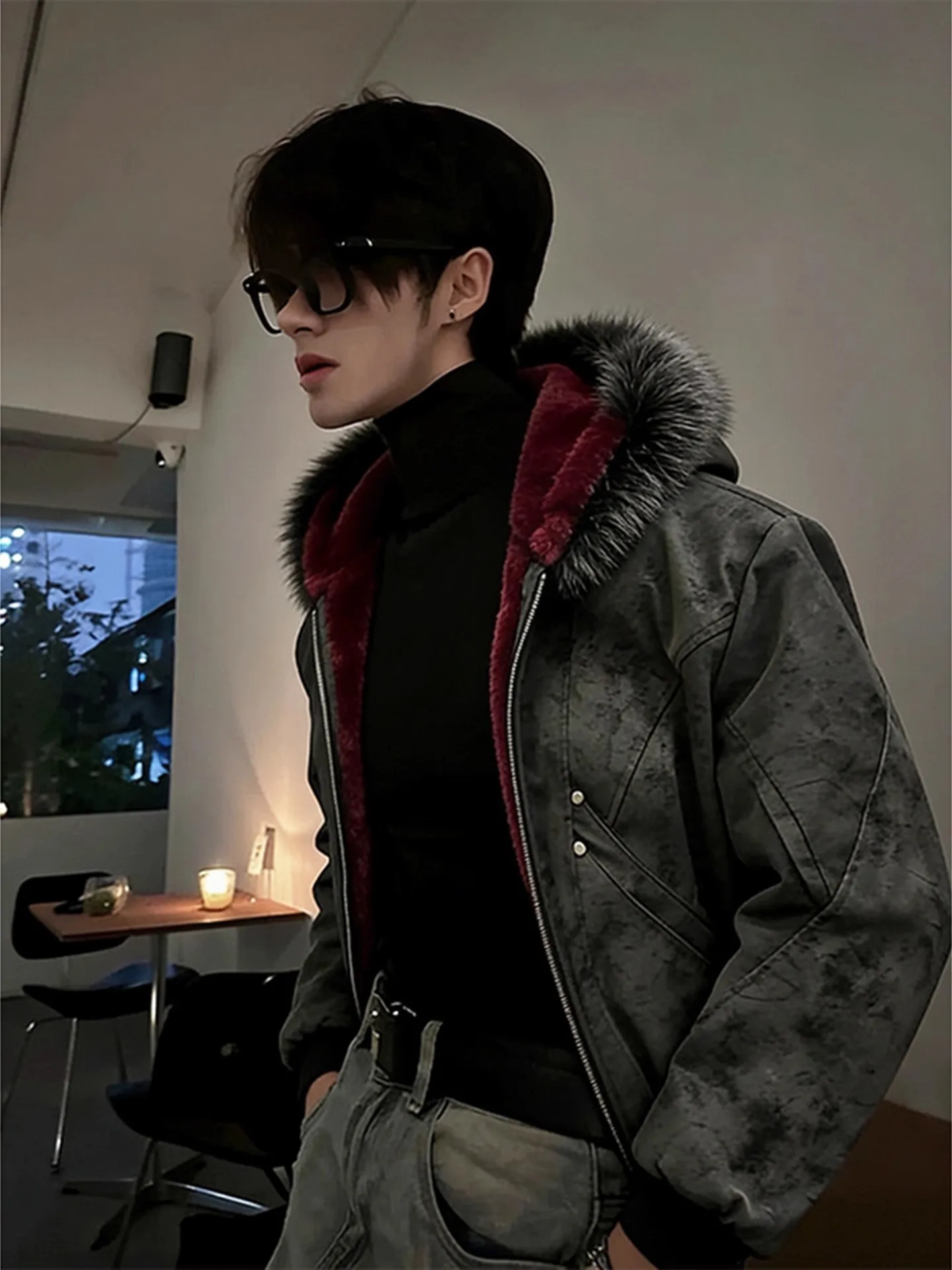 

Bla American Sle PU Leather Hooded ort Thiened Cotton Jaet Men's Winter Warm Inner Fur Collar Coat for Youth