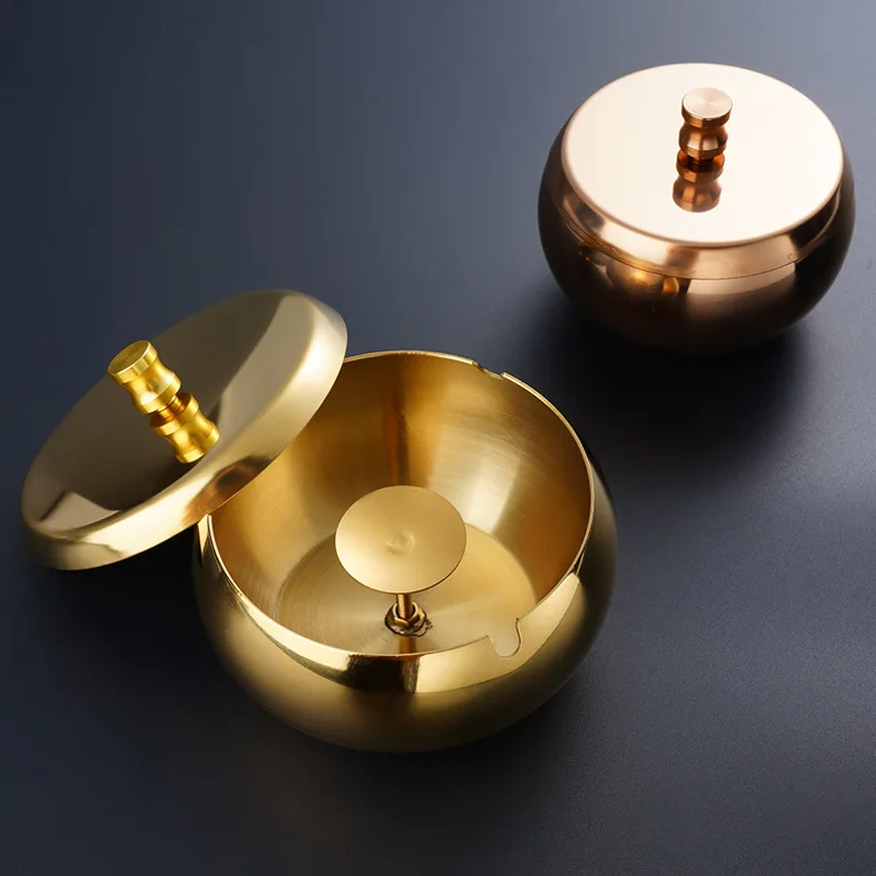 

Gold Plated Desktop Ashtray with Lid Stainless Steel Smokelessl Ashtray European Office Ash Tray Smoking Accessories