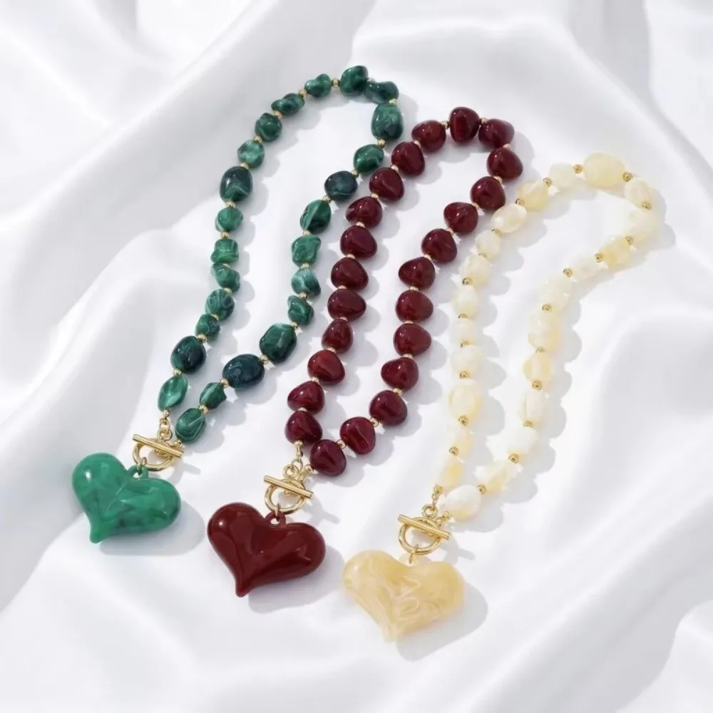 Trendy Boho Resin Beaded Toggle Clasp Green/Red/Cream Apricot Color Chunky Heart Pendant Chic Women Jewelry Gift
